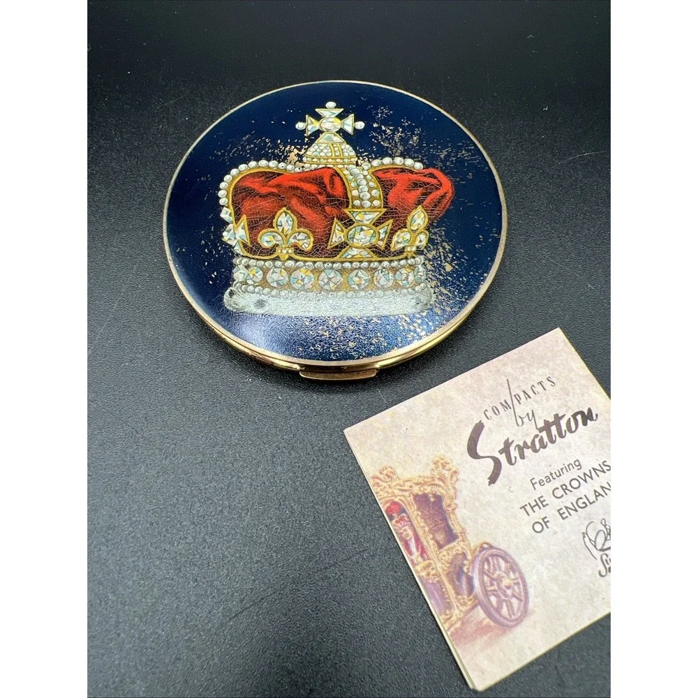 VTG Stratton England Gold Enamel Powder Compact Mirror Crown Crowns Of‎ England